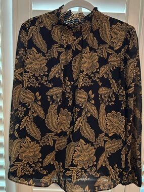 J. Crew Black and Gold Floral Long-Sleeve Blouse